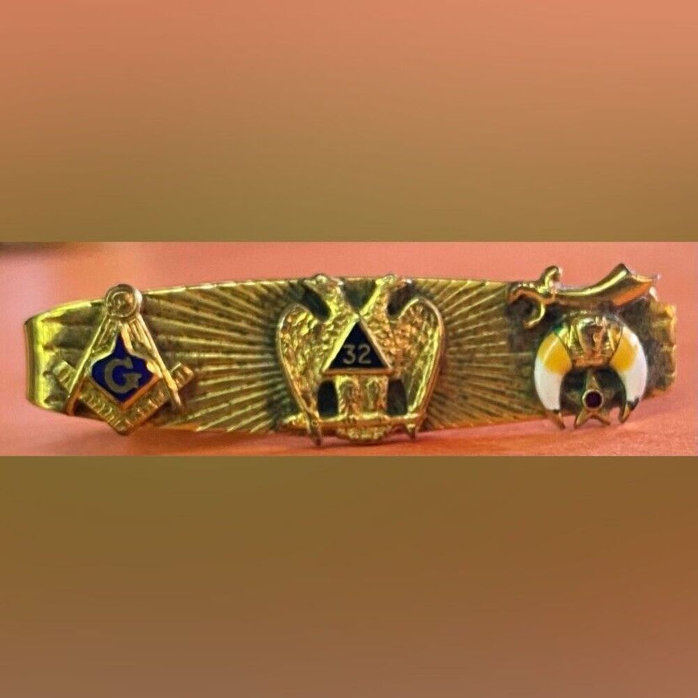Vintage Men’s Tie Clip Masonic 32 Degree Gold Tone 2” Masons